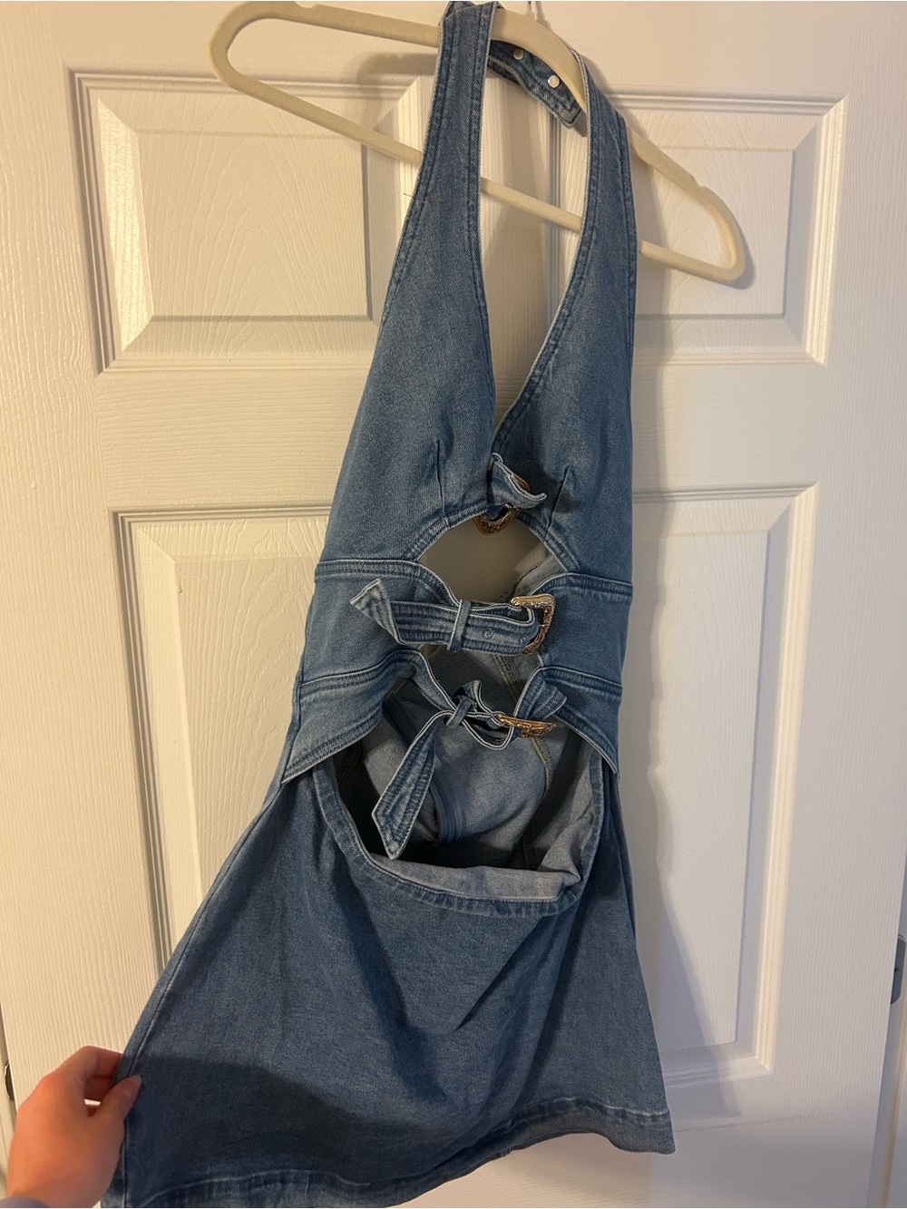 Blue Denim Halter jean Dress with buckle Cutout